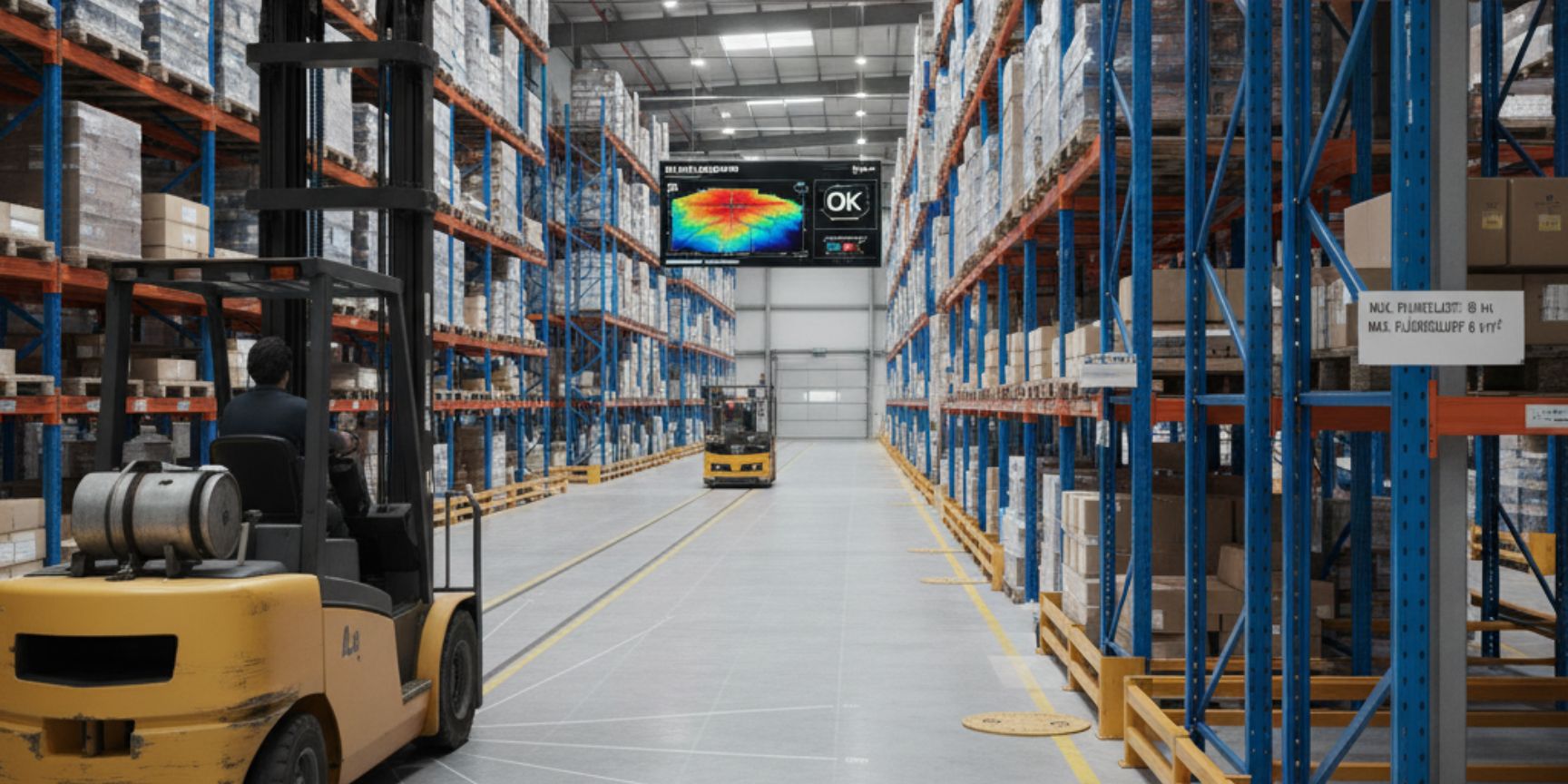 Interior view of a modern warehouse with high heavy-duty racks, a moving forklift and a digital display that shows a thermal image analysis of the floor load with